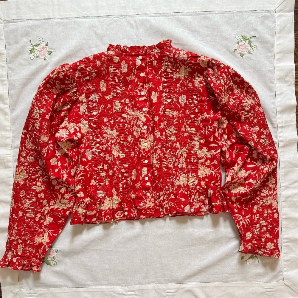 ⟡ DÔEN Heloise Top in Oak Bluffs - Size S - Red Floral Long-Sleeve Blouse - Picture 4 of 10